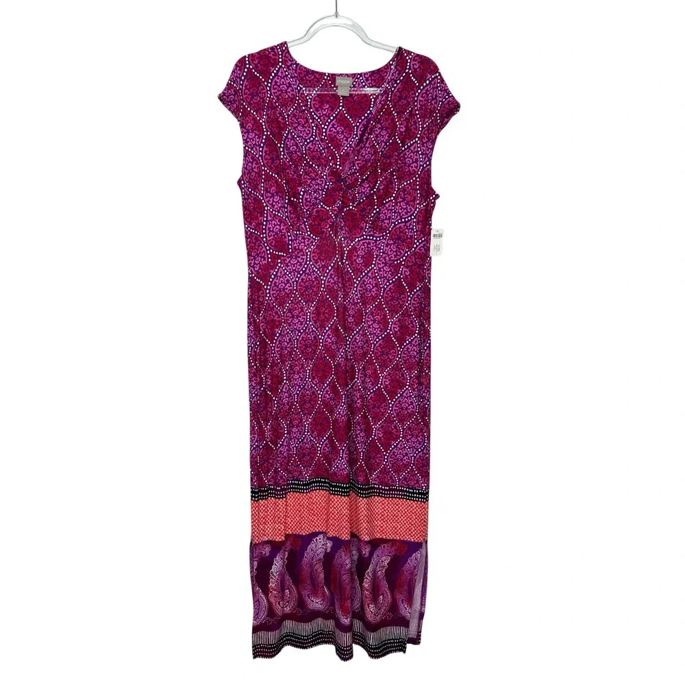 Chicos Maxi Cap Sleeve Dress Size 2 L Pink Purple Twist Front Geometric Slit New